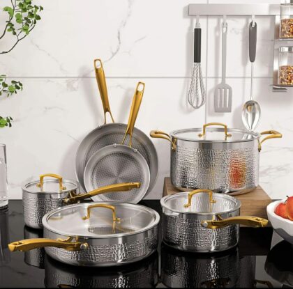 Premium High quality Tripply S/S Stainless steel cookware set with Hammered Patterned design