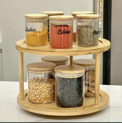 2 Tier Bamboo turn Tabletop Rotating Spice Rack