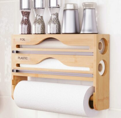 3 in 1 Clingfilm organizer with Cutters. Aluminium/Foil/Plastic with Paper Towel holder